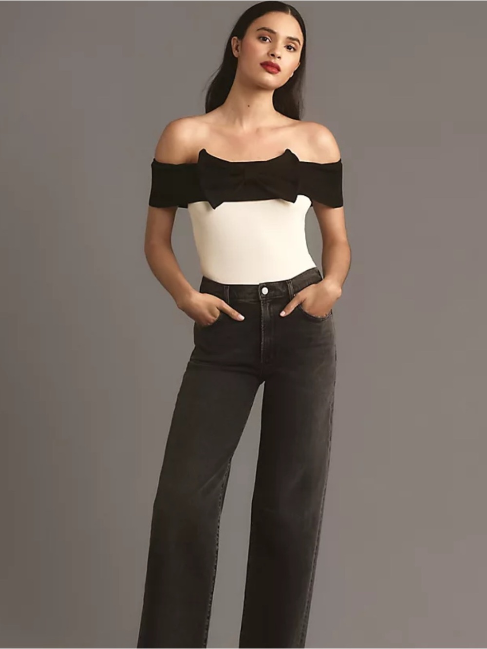 Maeve Cream Strapless Top with Black Bow Accent